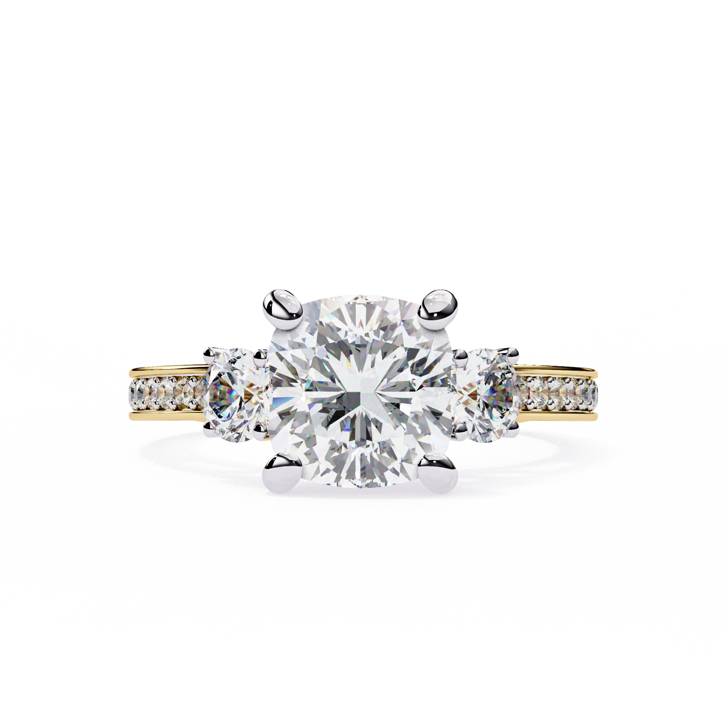 Three Stone Charm Cushion Solitaire Ring