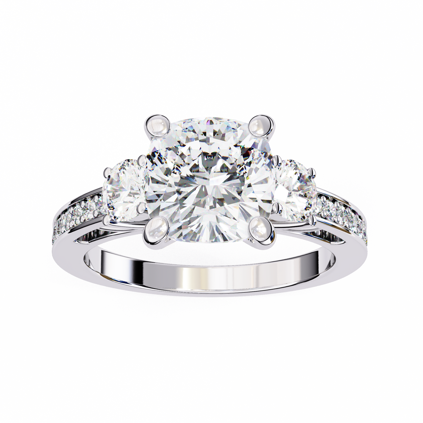 Three Stone Charm Cushion Solitaire Ring