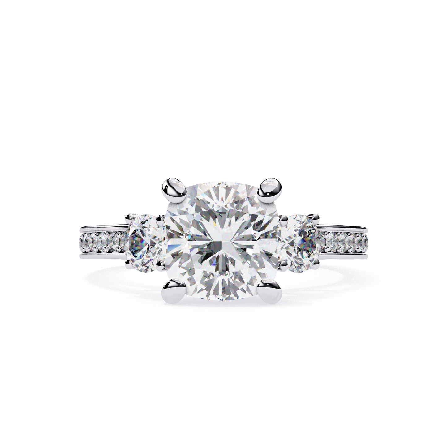 Three Stone Charm Cushion Solitaire Ring
