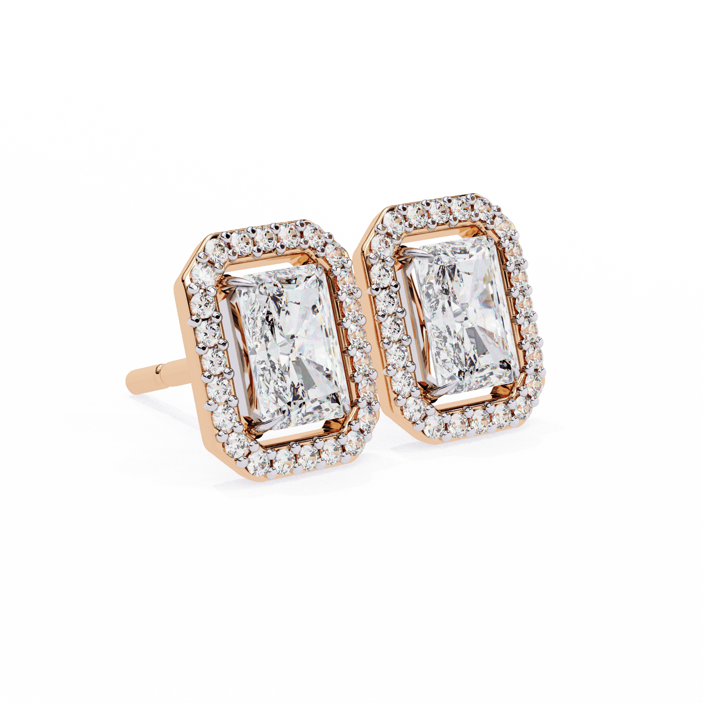 0.80 Carat each Center Solitaire Radiant Halo Studs