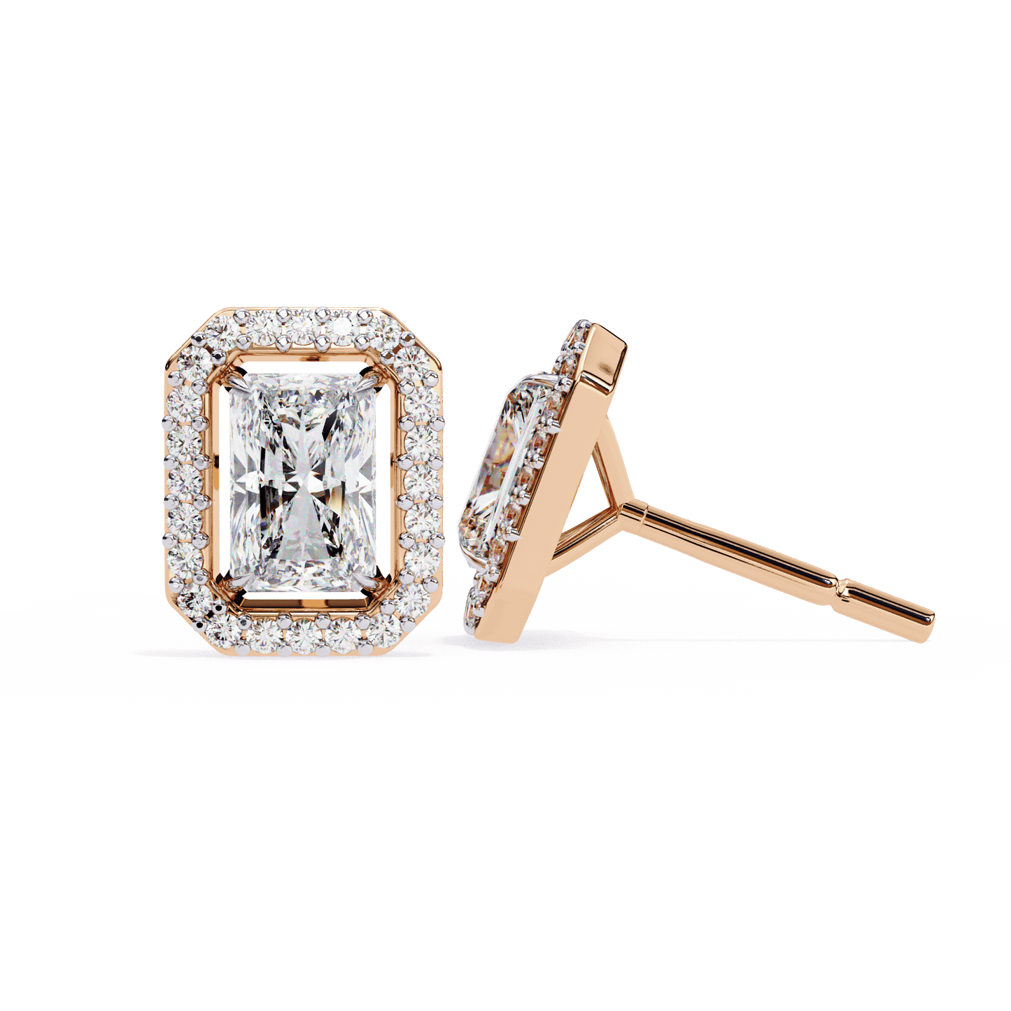 0.80 Carat each Center Solitaire Radiant Halo Studs