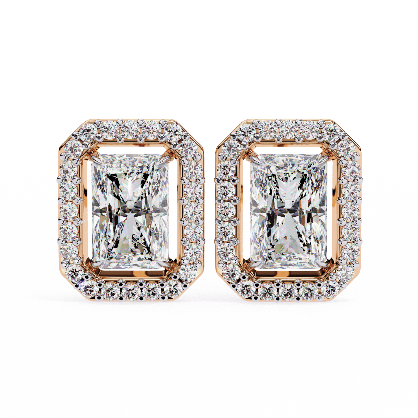 0.80 Carat each Center Solitaire Radiant Halo Studs