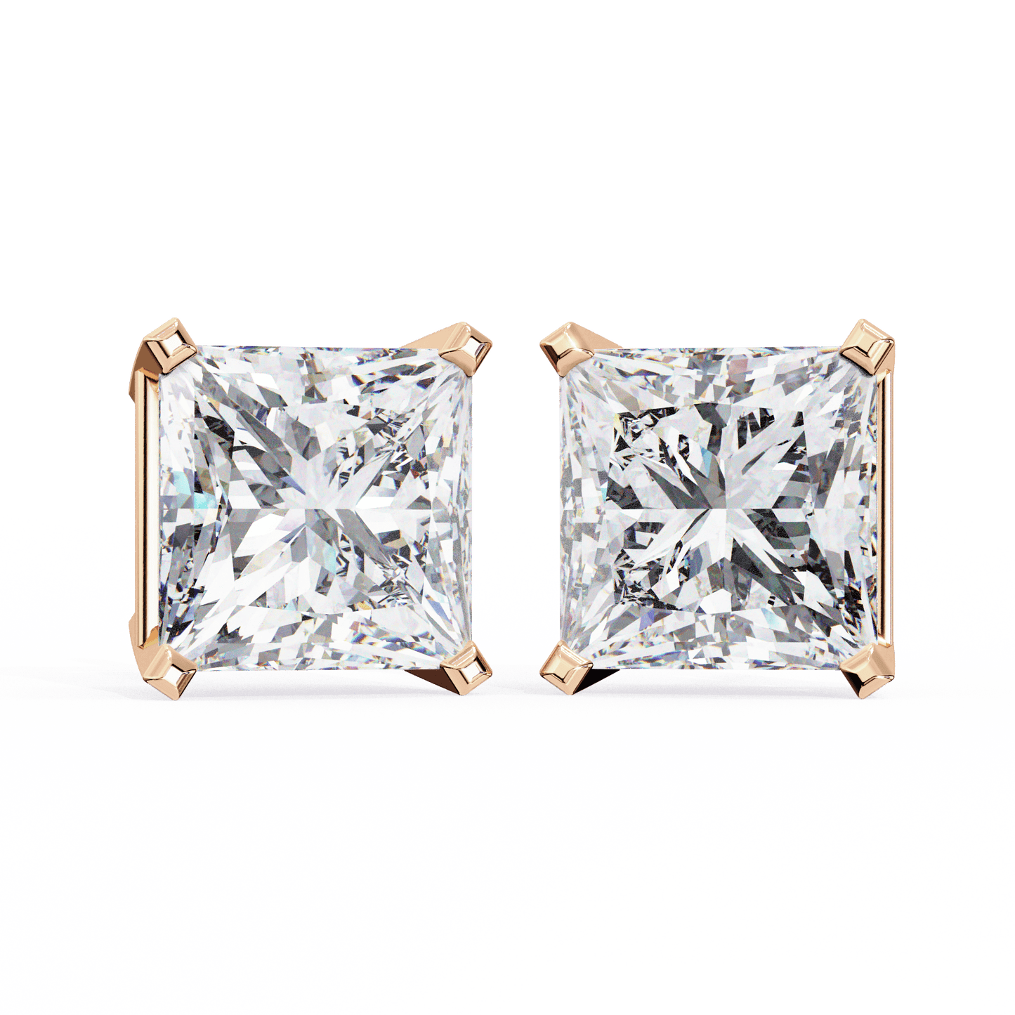 2 Carat Each Princess Cut Solitaire Earrings