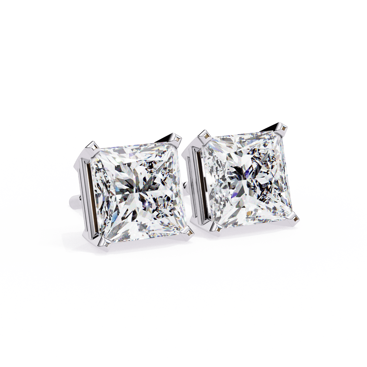 2 Carat Each Princess Cut Solitaire Earrings