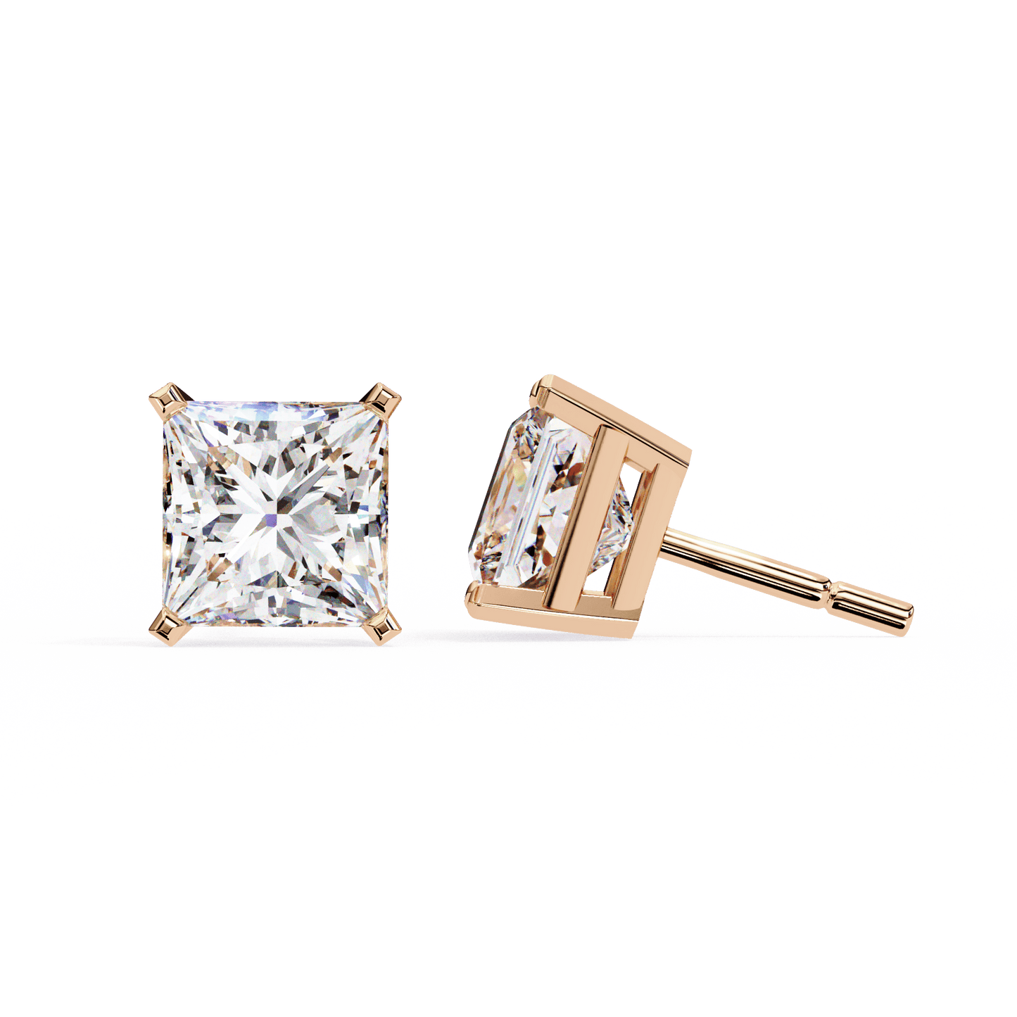 2 Carat Each Princess Cut Solitaire Earrings