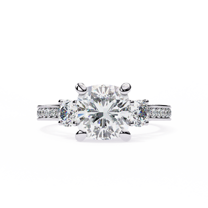Three Stone Charm Cushion Solitaire Ring