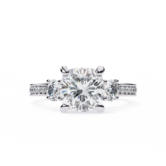 Three Stone Charm Cushion Solitaire Ring