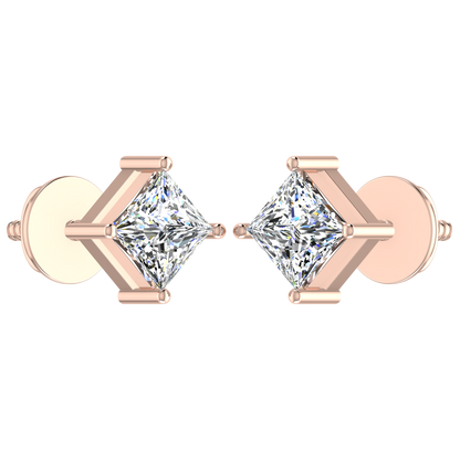 1 Carat Each Princess Cut Basket Setting Diamond Studs
