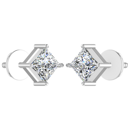 1 Carat Each Princess Cut Basket Setting Diamond Studs